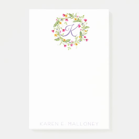 4" x6"ノートの花のリース及びCUSTOMEのイニシャル ポストイット (正面)