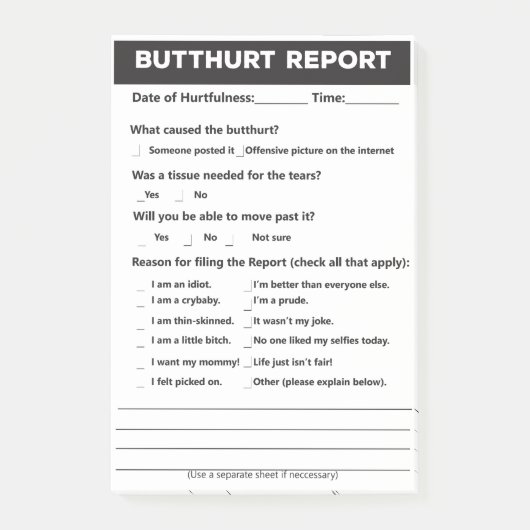 4" x 6"サイズのButthurt Report Form Post-it®メモ ポストイット (正面)