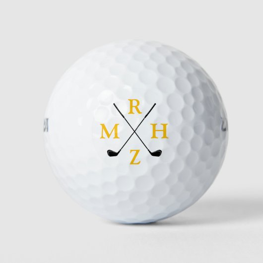4 Yellow Initials Monogram with Golf-Clubs ゴルフボール (正面)