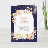 4pgネイビーブルーサンゴフローラ結婚式の招待プログラム カード (正面)