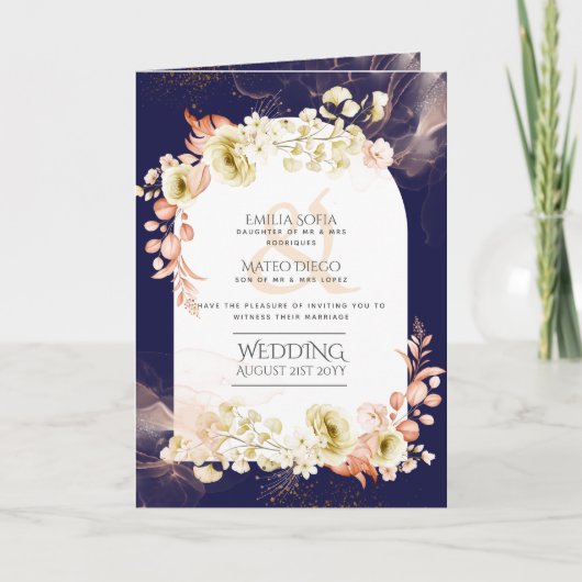4pgネイビーブルーサンゴフローラ結婚式の招待プログラム カード (正面)