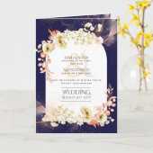 4pgネイビーブルーサンゴフローラ結婚式の招待プログラム カード (黄色い花)