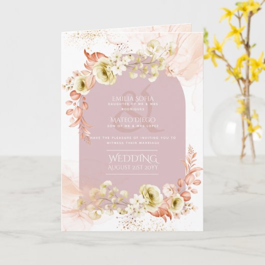 4pgヒスパニックフローラ結婚式 プログラムバイリンガルシック カード (黄色い花)