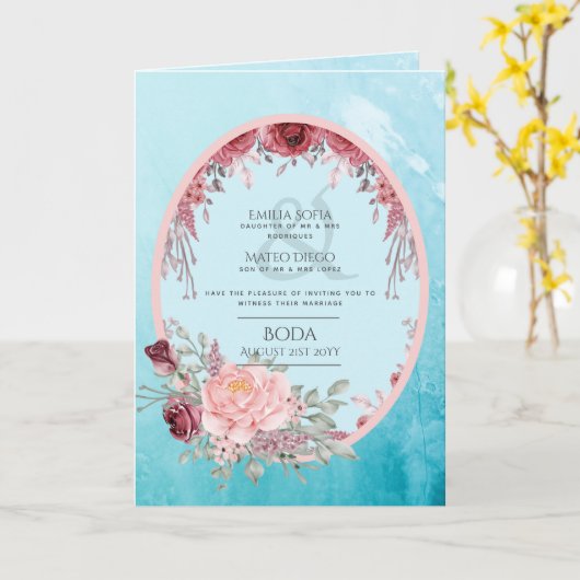 4pg BODAスペインの招待状ティール（緑がかった色）アクアブルーブルゴーニュ カード (黄色い花)