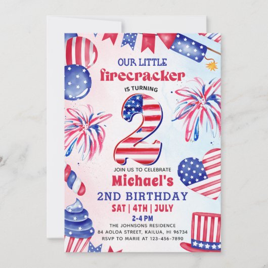 4thオブジュライ リトルファイヤークラッカー 2nd バースデーパーティー 招待状 (正面)
