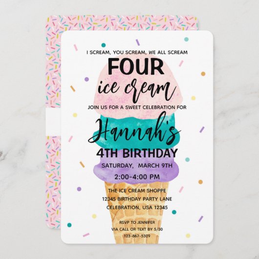 4thバースデーガールズアイスクリームパーティの招待状 招待状 (正面/裏面)