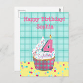 4thバースデーキャンドル |ピンクターコイズホイルカップケーキ ポストカード (正面/裏面)