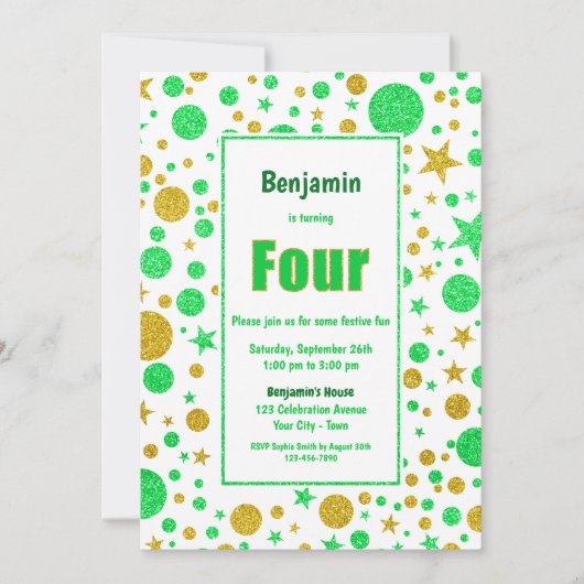 4thバースデーグリーンと金ゴールドスポットと星パーティー 招待状 (正面)