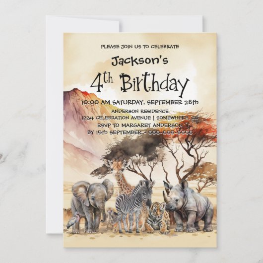 4thバースデーサファリアニマルズ誕生日 招待状 (正面)