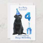 4thバースデーパピーテーマ – かわいい犬の青い男の子パティー 招待状 (正面)