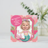 4thバースデーピンクとティール（緑がかった色）マーメイド風刺画 招待状 (スタンド正面)