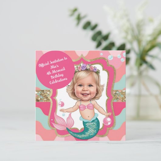 4thバースデーピンクとティール(緑がかった色)マーメイド風刺画 招待状 (スタンド正面)