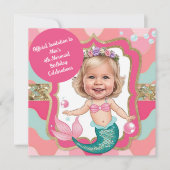 4thバースデーピンクとティール（緑がかった色）マーメイド風刺画 招待状 (正面)