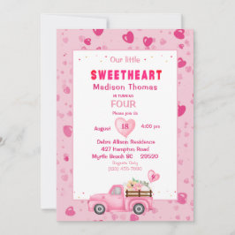 4thバースデーピンクトラックハートパーティの招待状 招待状