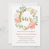4thバースデーピンク金ゴールドフローラリース招待状 招待状 (正面)