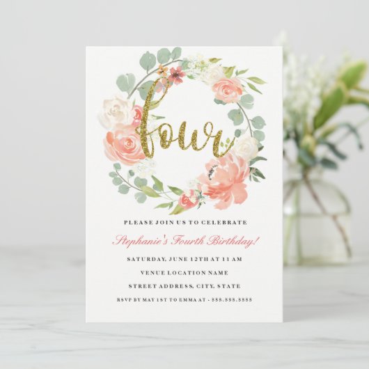 4thバースデーピンク金ゴールドフローラリース招待状 招待状 (スタンド正面)