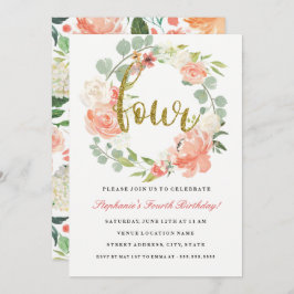 4thバースデーピンク金ゴールドフローラリース招待状 招待状