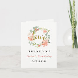 4thバースデーピンク金ゴールドフローラリース サンキューカード