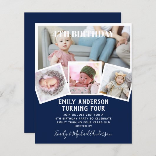 4thバースデーフォトコラージュ招待状ボーイガールミックスミックス (正面/裏面)