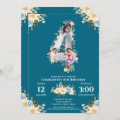 4thバースデーフラワーティール（緑がかった色）フォトコラージュブルーイエロー 招待状 (正面/裏面)