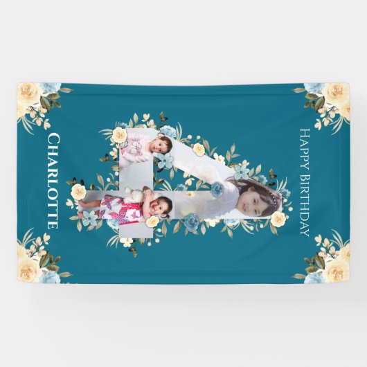 4thバースデーフラワーティール(緑がかった色)フォトコラージュブルーイエロー 横断幕 (横)