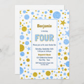 4thバースデーブルーと金ゴールドグリッターパーティー 招待状 (正面/裏面)