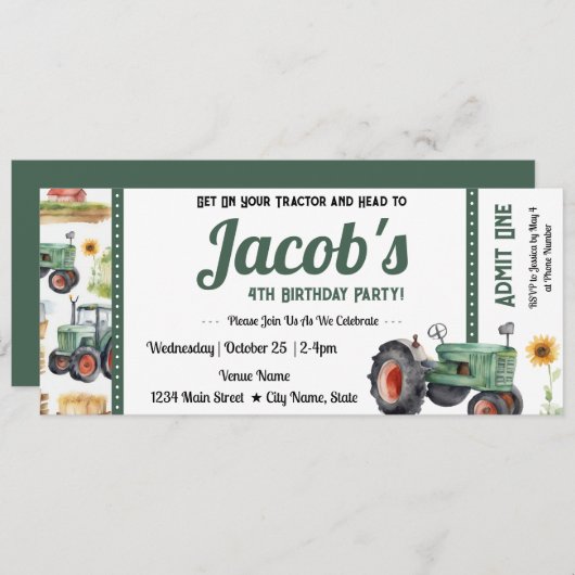 4th誕生日あなたのトラクターチケットボーイ 招待状 (正面/裏面)