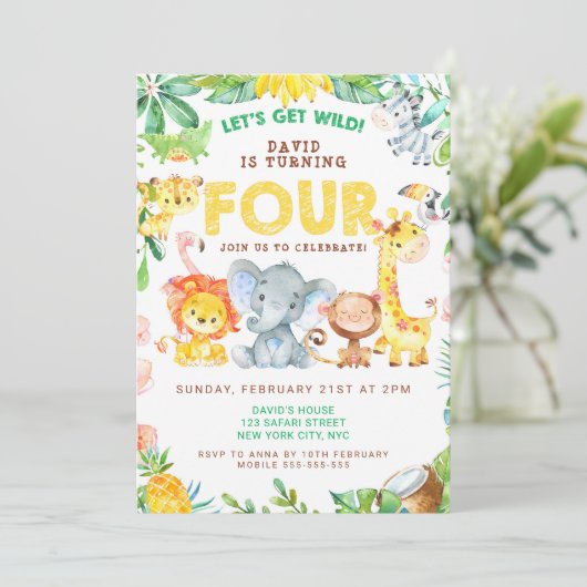 4th誕生日サファリ動物ジャングルテーマ動物園4 招待状 (スタンド正面)