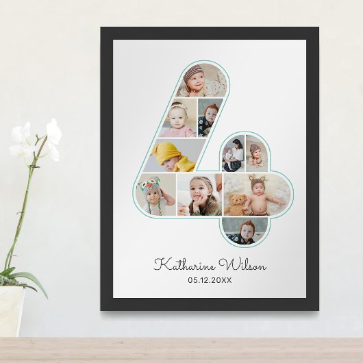 4th誕生日ナンバー4フォトコラージキッズ子供部屋 ポスター