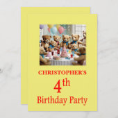 4th誕生日パーティの招待状テディベアズパーティー 招待状 (正面/裏面)