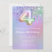 4th誕生日パーティの招待状パープルピンクグリッター 招待状 (正面)
