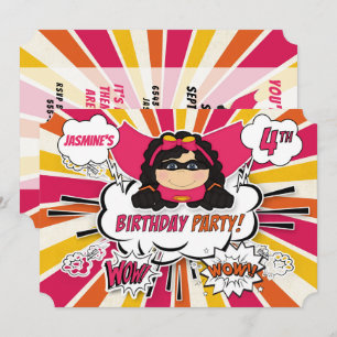 4th誕生日パーティーガールズスーパーヒーローピンク漫画インビ 招待状