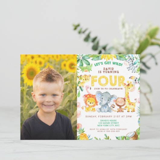 4th誕生日パーティーサファリジャングル動物の少年の写真 招待状 (スタンド正面)