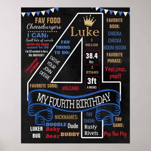 4th誕生日パーティーシャルボードサイン男の子 ポスター (正面)