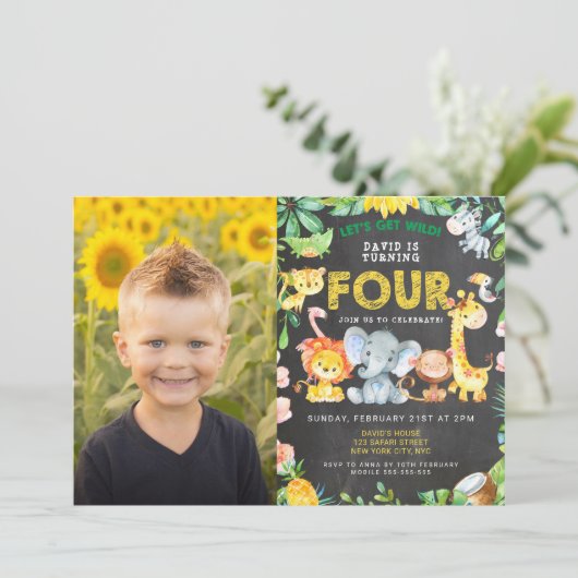 4th誕生日パーティー動物園ジャングル動物の少年の写真 招待状 (スタンド正面)