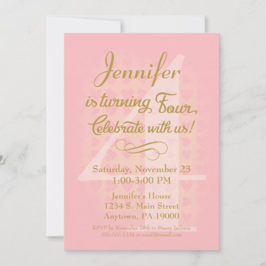 4th誕生日招待状ガールズピンク金ゴールドハート 招待状 (正面)