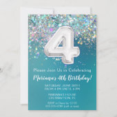 4th誕生日招待状ティール(緑がかった色)シルバーグリッター 招待状 (正面)