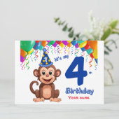 4th誕生日招待状、サルのパーティーのパーソナライズ 招待状 (スタンド正面)