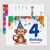 4th誕生日招待状、サルのパーティーのパーソナライズ 招待状 (正面/裏面)