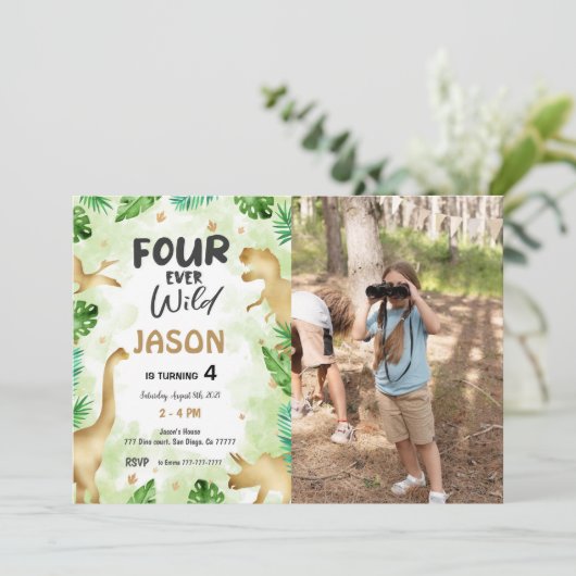4th誕生日、恐竜の誕生日写真 招待状 (スタンド正面)