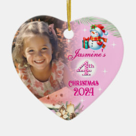 4th クリスマス 記念 ガール 写真 ハート ギフト セラミックオーナメント
