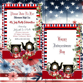 4th 7月のヴィンテージストライプティーポット午後のハイティー 招待状