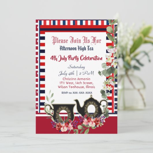 4th 7月のヴィンテージストライプティーポット午後のハイティー 招待状 (スタンド正面)