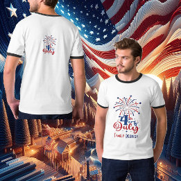4th 7月愛国家族懇親会レトロレッドブルー tシャツ