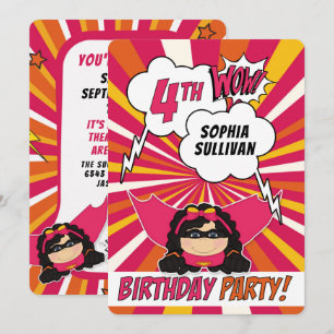 4th Birthdayパーティースーパーヒーローピンク漫画for Girls 招待状