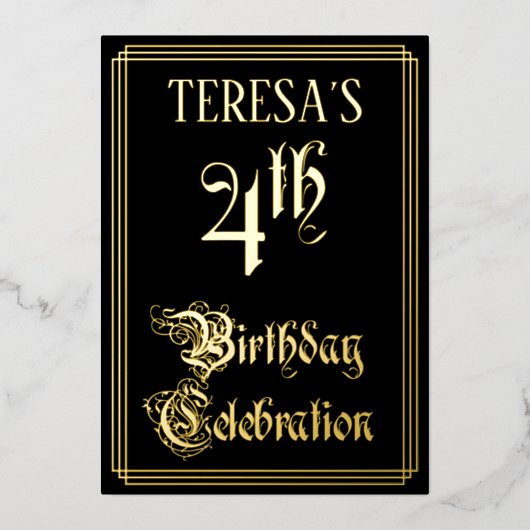 4th Birthdayパーティーファンシー – スクリプトと名前をカスタムする 箔招待状 (正面)