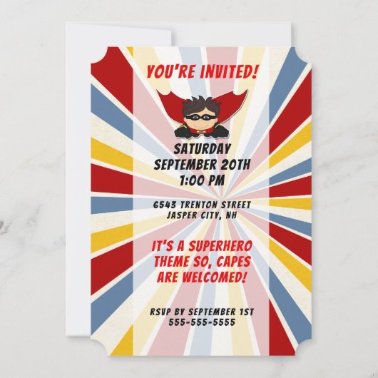 4th Birthdayパーティーボーイズスーパーヒーローレッド漫画 招待状 (裏面)