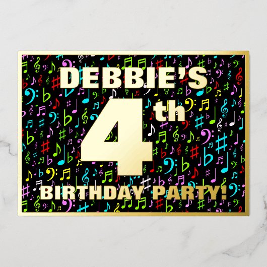 4th Birthdayパーティー—おもしろい、カラフル音楽シンボル 箔招待状 (正面)