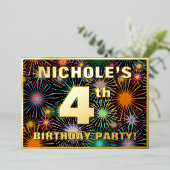 4th Birthdayパーティー—おもしろい、カラフルFireworks Look 箔招待状 (立ち正面)