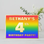 4th Birthdayパーティー:おもしろい、レインボーカラフルパターン 箔招待状 (立ち正面)